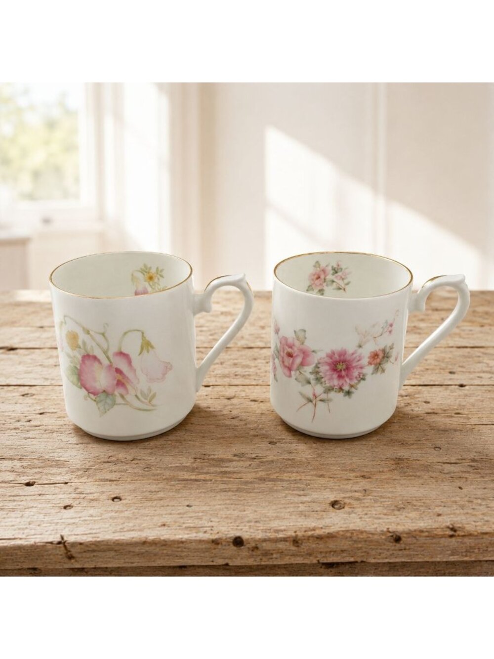 Springfield Floral Mugs Set of 2 Gold Trim England Vintage 4.1"